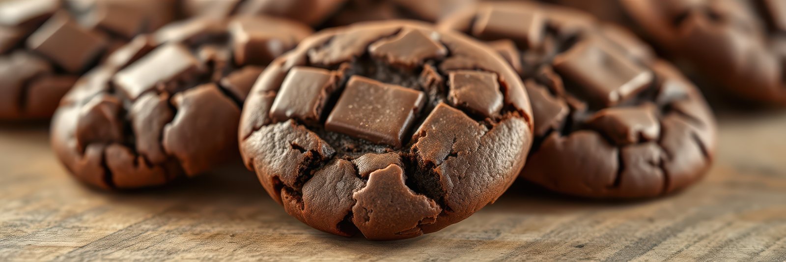 Delicious chocolate cookies placed on a wooden surface, highlighting their rich texture and melted chocolate chunks